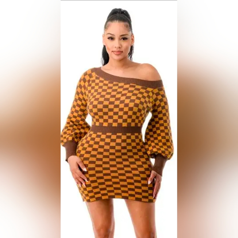 Checkered Off-Shoulder Sweater - Brown and Tan